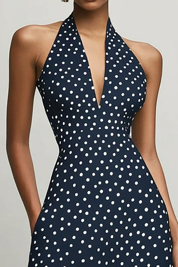 Navy Halter A Line White Polka Dots Dress With Slit